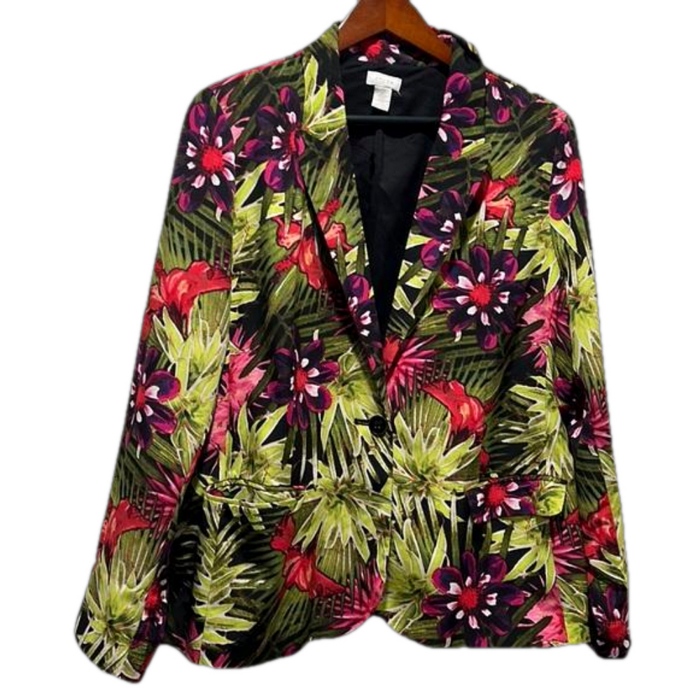 Chico’s top print floral blazer green and black colors size 2 GUC..